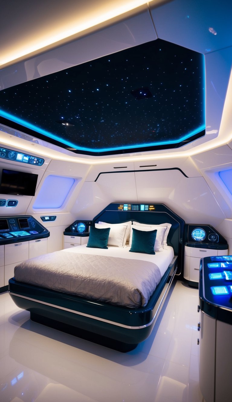 A futuristic spaceship-themed bedroom with sleek metallic furniture, glowing starry ceiling, and interactive control panels for a luxurious space adventure exploration