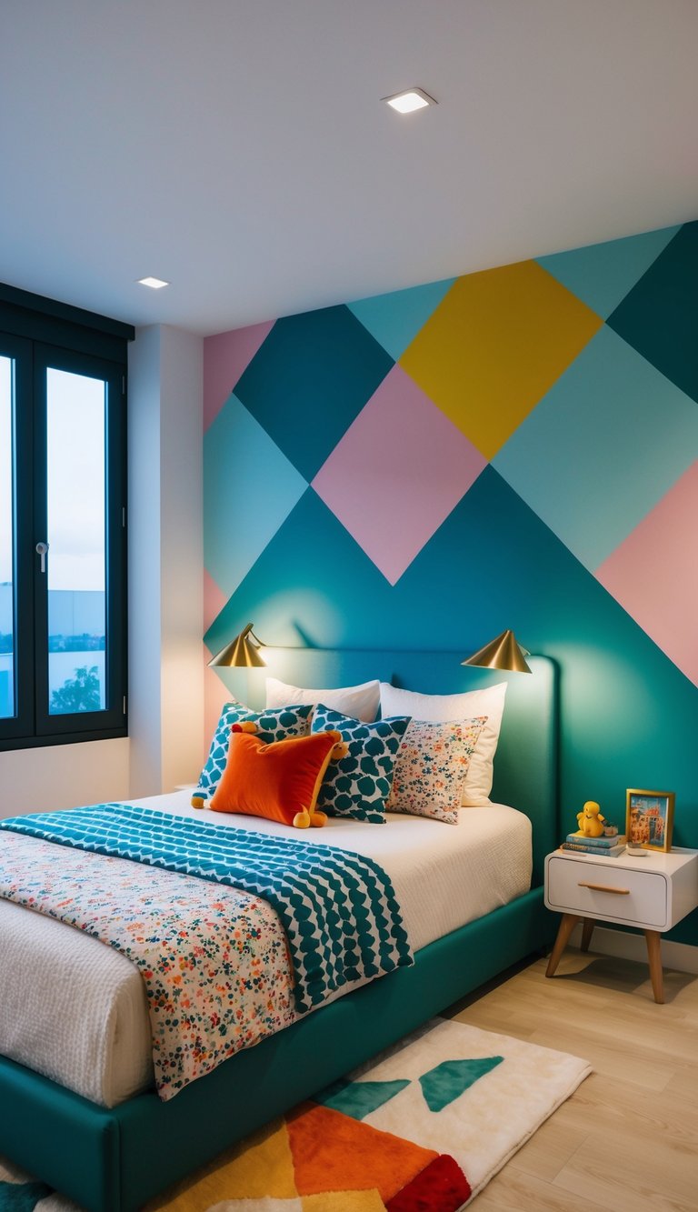 A modern luxury kids bedroom with geometric patterns and vibrant colors