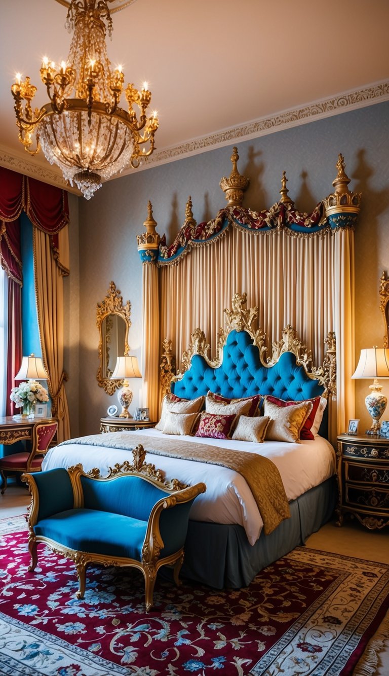 A grand castle-themed bedroom with opulent furniture and regal decor fit for royalty. Rich colors and ornate details create a luxurious and enchanting atmosphere