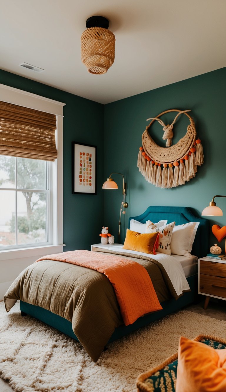 A cozy, modern kids bedroom with earthy tones, plush bedding, and vibrant accents