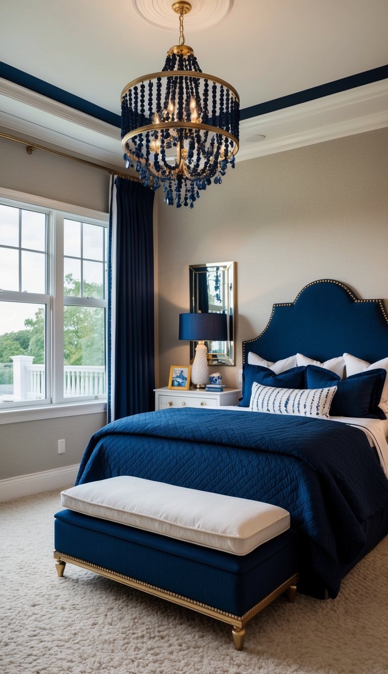 A luxurious kids bedroom with sophisticated navy blue accents and elegant decor