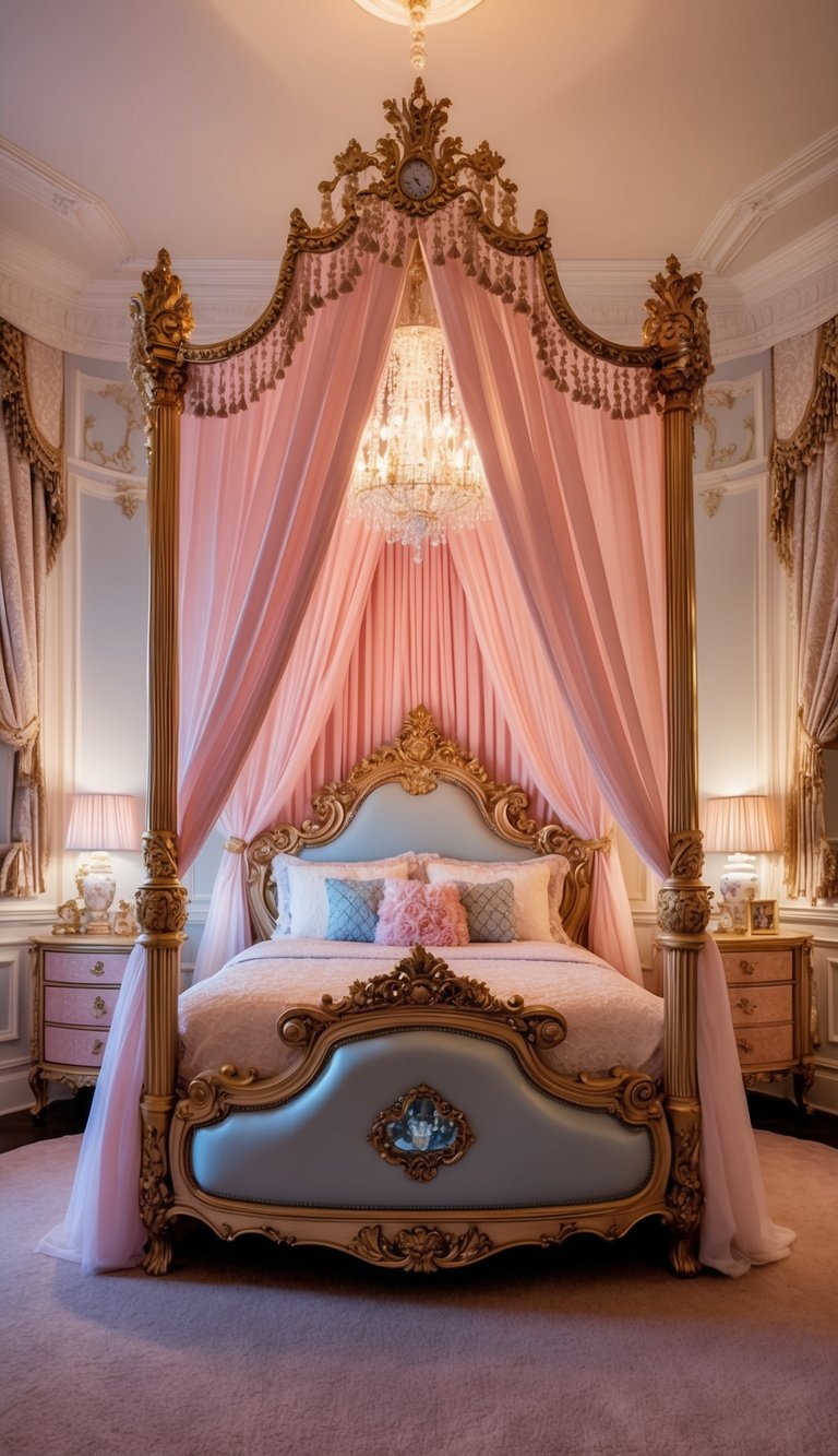 A lavish princess canopy bed surrounded by opulent decor and soft lighting in a grandiose kids' bedroom