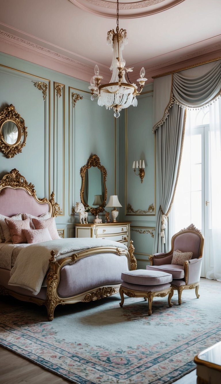 A luxurious kids' bedroom with vintage touches, featuring ornate furniture, soft pastel colors, and intricate details throughout the room