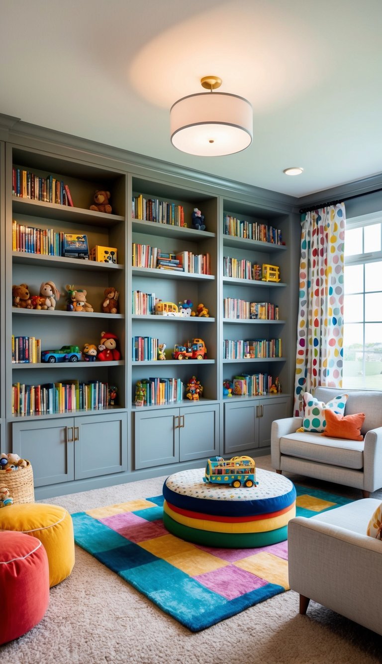 A spacious kids bedroom with custom built-in bookshelves, filled with colorful books and toys, surrounded by cozy furniture and playful decor