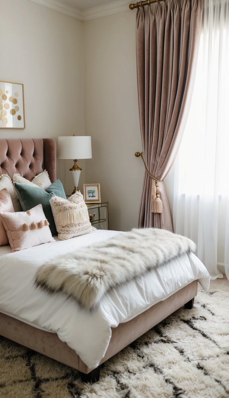 A cozy, elegant kids' bedroom with plush rugs, velvet pillows, and satin curtains. The bed features a tufted headboard and a faux fur throw