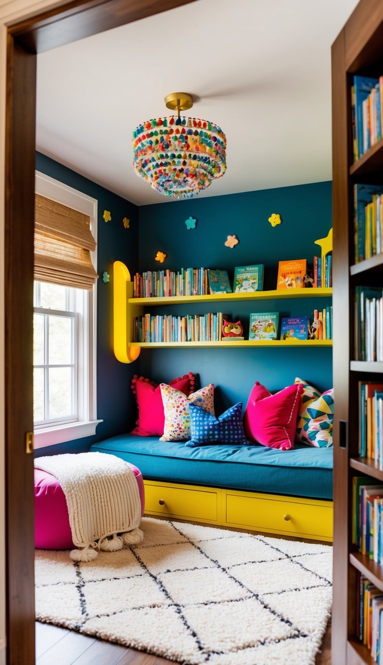 A cozy, colorful reading nook in a luxury kids' bedroom, filled with plush pillows, a soft rug, and shelves of vibrant books