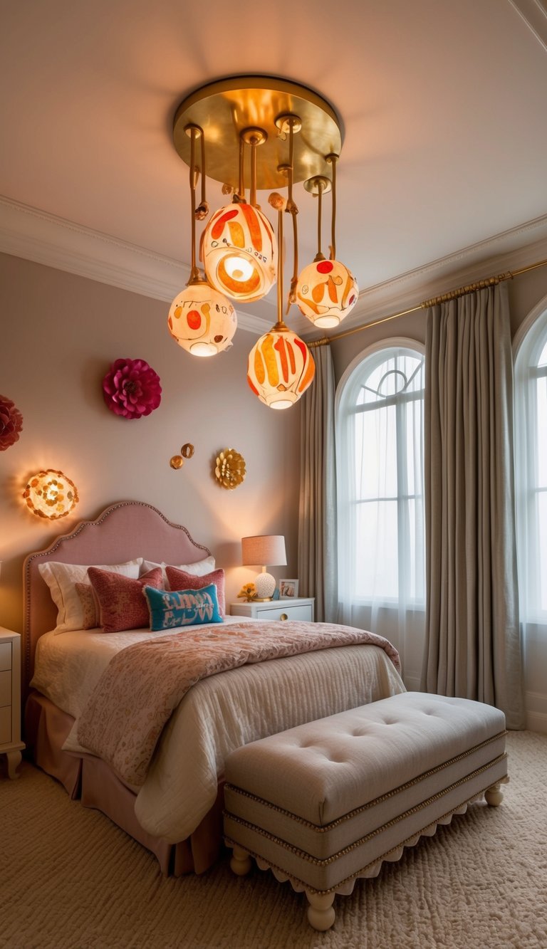 A cozy kids bedroom with whimsical lighting fixtures, casting a warm and playful glow over the luxurious decor