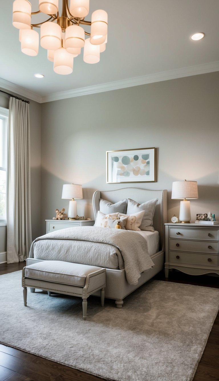 A serene, neutral-toned kids bedroom with elegant furnishings and soft lighting