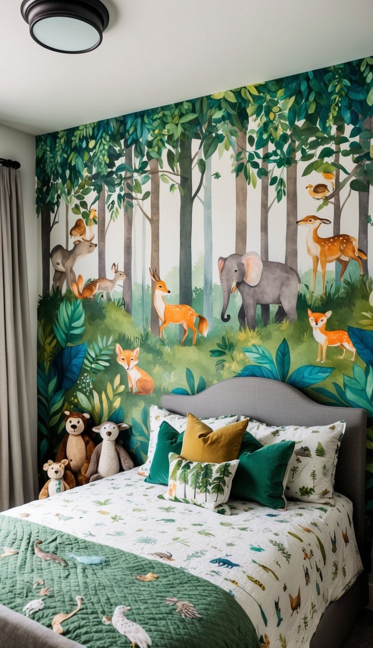 A whimsical forest mural spans the wall, with playful animals and vibrant foliage. A cozy bed is adorned with nature-inspired bedding and plush woodland creature toys