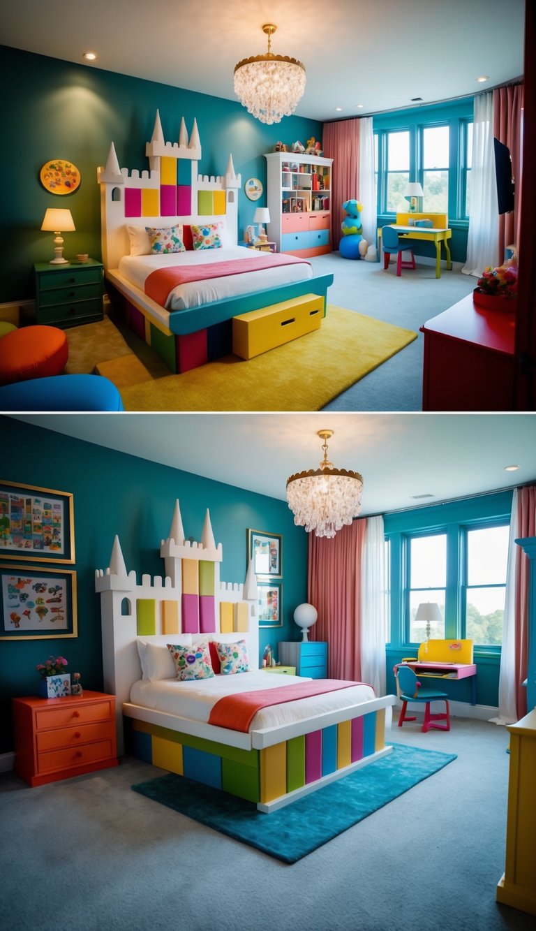 A whimsical bedroom with custom-made furniture, including a castle-shaped bed, colorful play area, and elegant study corner