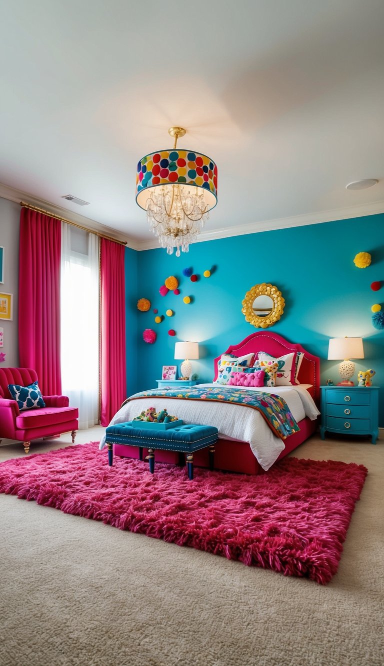 A spacious kids bedroom with lavish plush carpeting, adorned with colorful and playful decor, creating a luxurious and inviting atmosphere