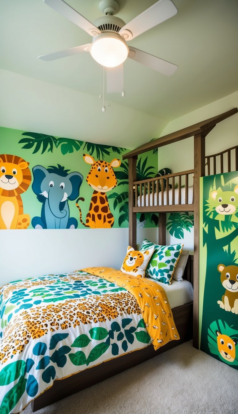 A whimsical jungle-themed bedroom with animal print bedding, a treehouse bed, and playful animal wall decals