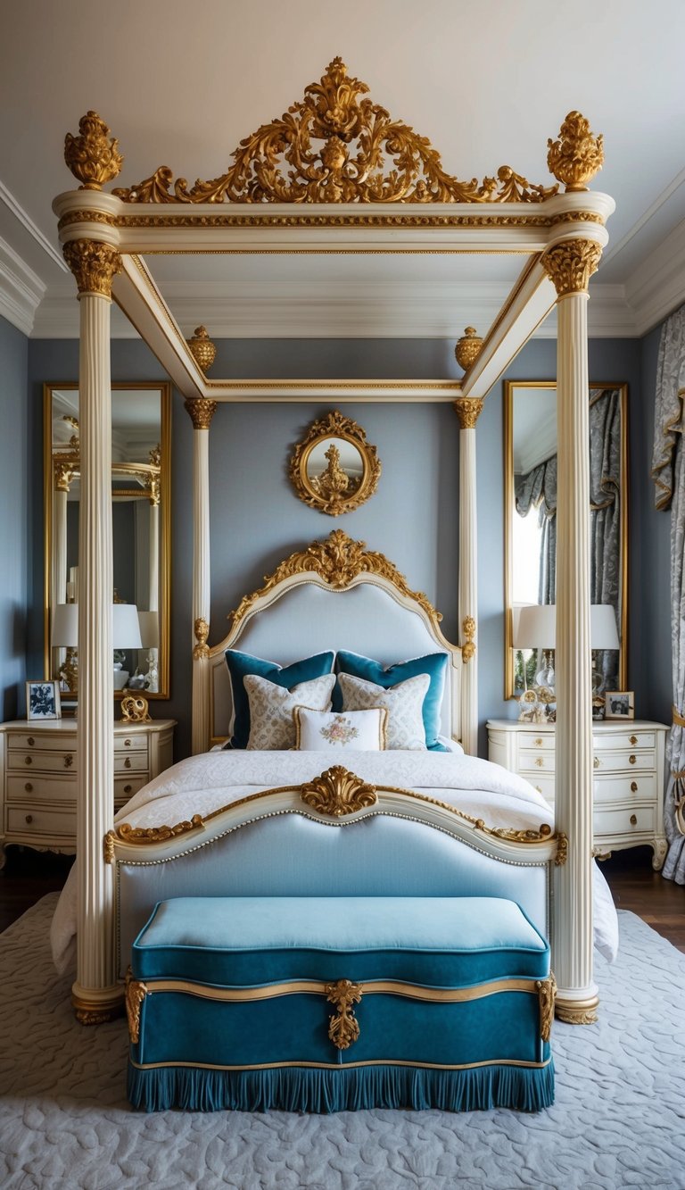 A grand, opulent four-poster bed sits in a lavish children's bedroom, surrounded by elegant decor and luxurious furnishings