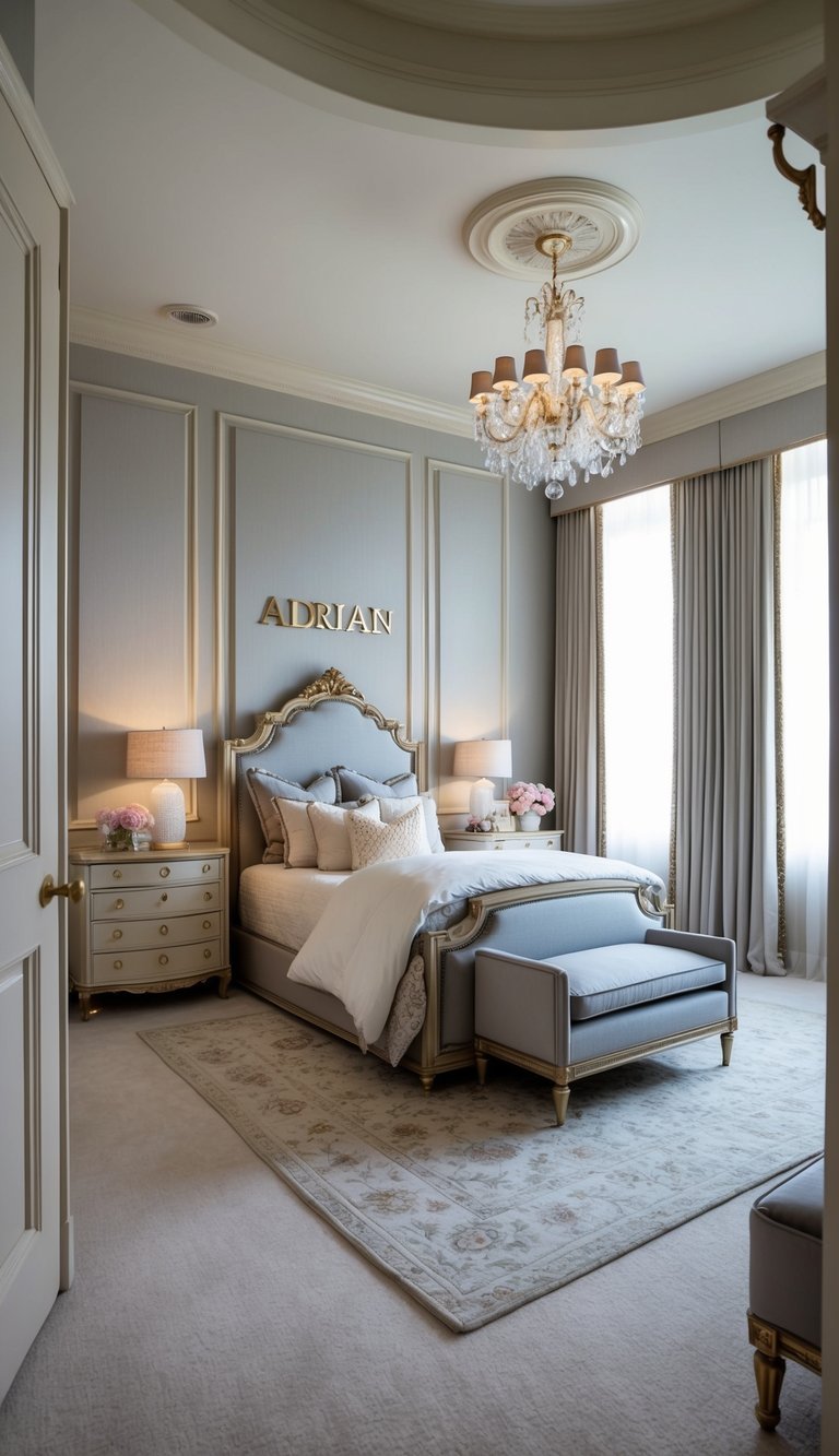 A cozy, elegant kids' bedroom with personalized name decor, featuring luxurious furniture and soft, pastel colors