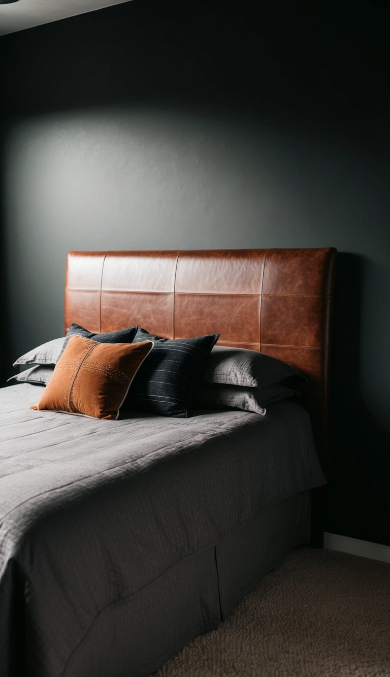 A deep brown leather headboard stands against a wall in a dark western-themed bedroom