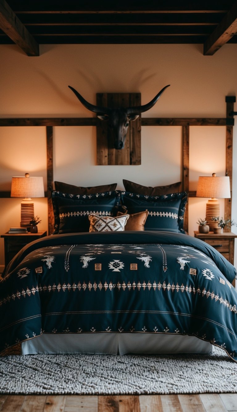 A cozy bedroom with dark Western-patterned bedding, adorned with rustic decor and warm lighting