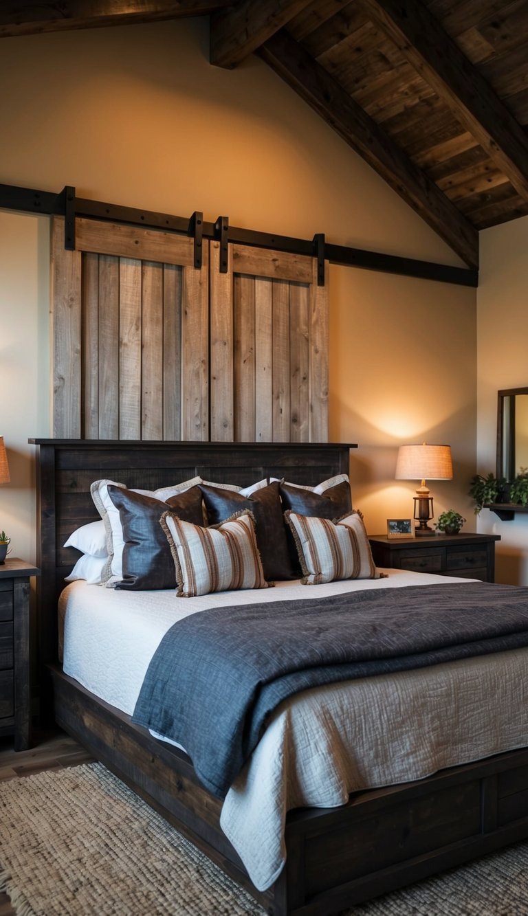 A weathered barn door headboard anchors a dimly lit western bedroom, adorned with rustic accents and dark wood furniture