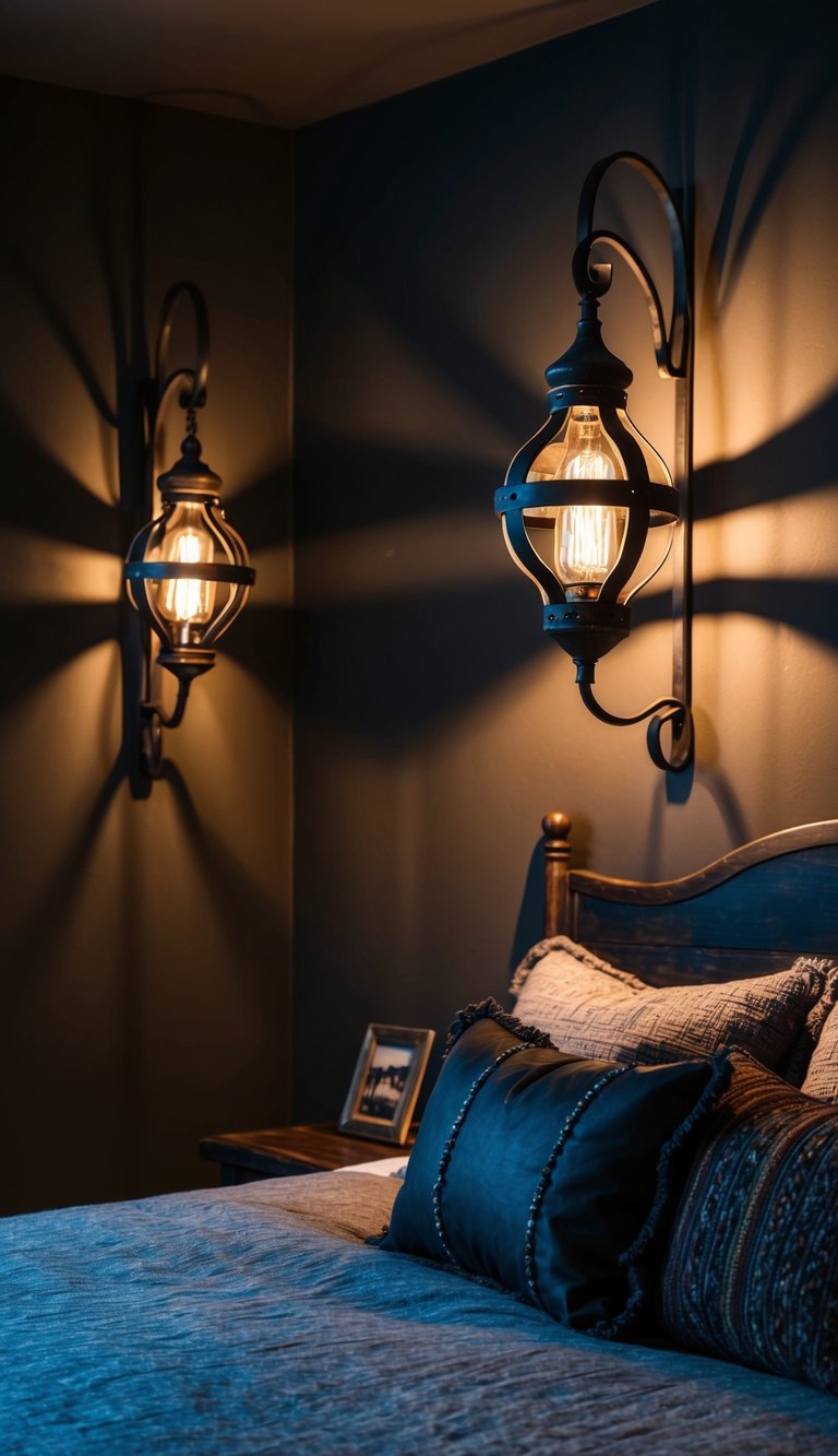 A dimly lit bedroom with rustic, wrought-iron light fixtures casting dramatic shadows on the dark, western-themed decor