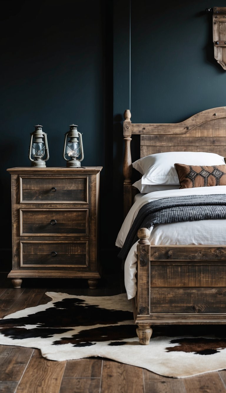 Two distressed wood nightstands flank a rustic bed in a dark western bedroom, with a cowhide rug and vintage lanterns adding to the rugged charm