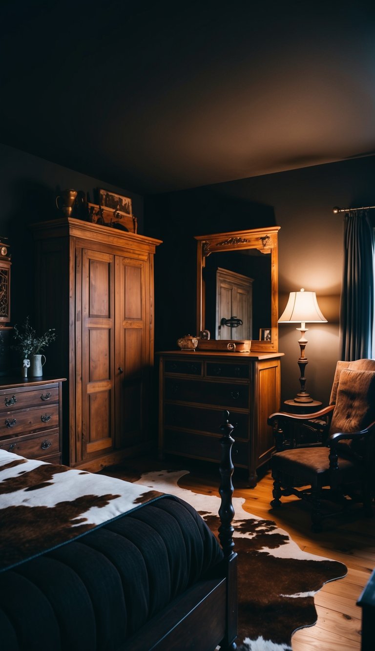 A dimly lit bedroom with antique furniture, cowhide rugs, and vintage Western decor. Rich, dark colors and rustic accents create a nostalgic atmosphere