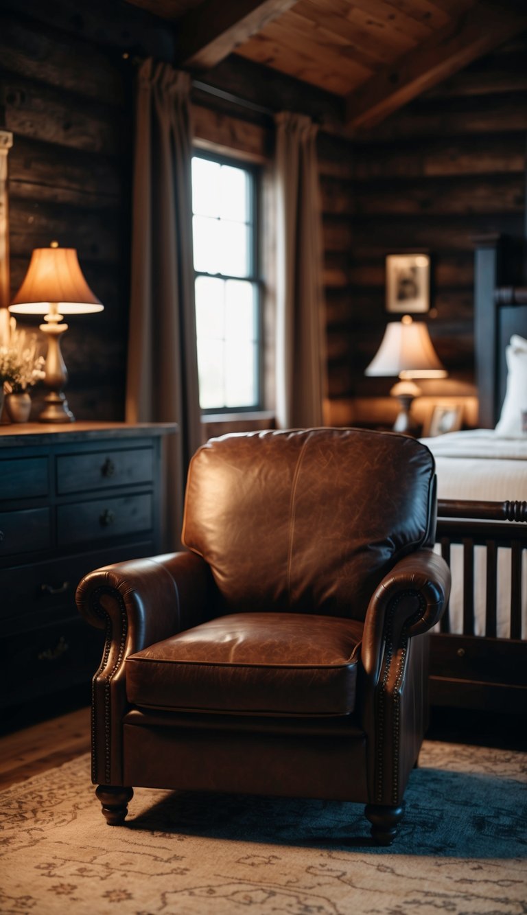 A leather armchair sits in a dimly lit, rustic western bedroom, surrounded by dark wood furniture and accents