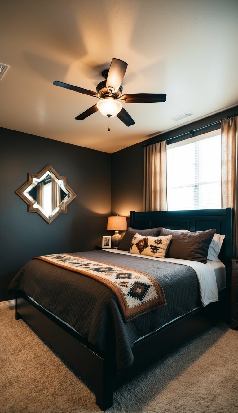 A cozy bedroom with a dark espresso accent wall, featuring western-inspired decor and warm lighting