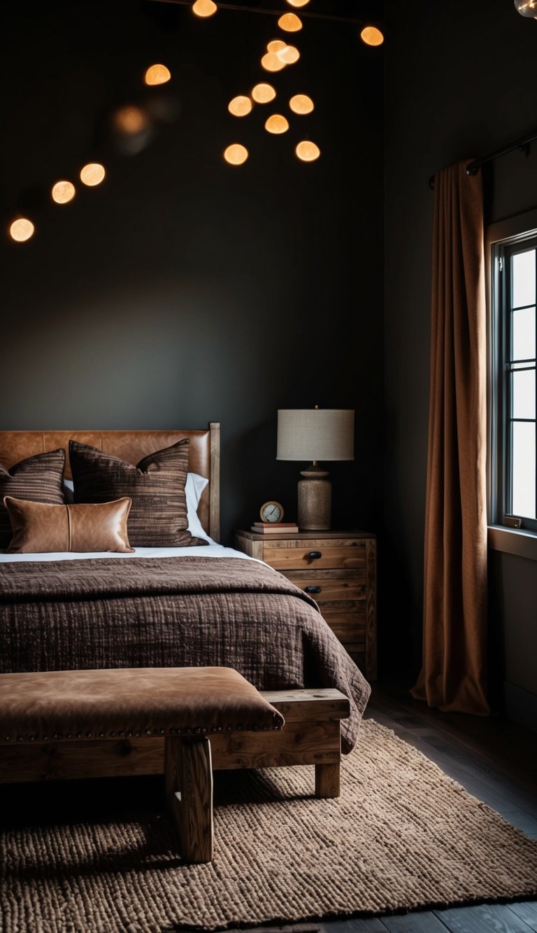 A dimly lit bedroom with rich, textured fabrics in deep earth tones. Rustic wooden furniture and rugged leather accents evoke a dark western ambiance