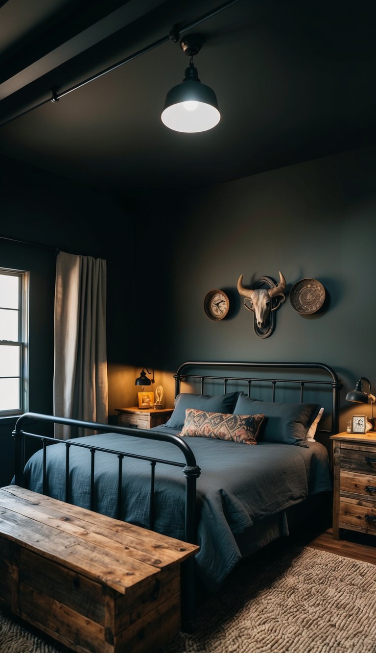 A dimly lit bedroom with dark metal bed frame, weathered wood furniture, and rugged western decor