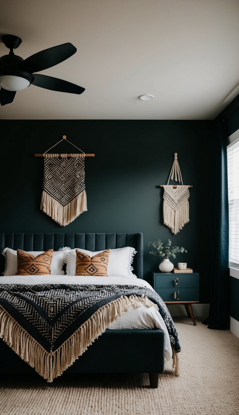 A cozy, dark-toned bedroom with woven textiles featuring fringe accents, creating a western-inspired atmosphere