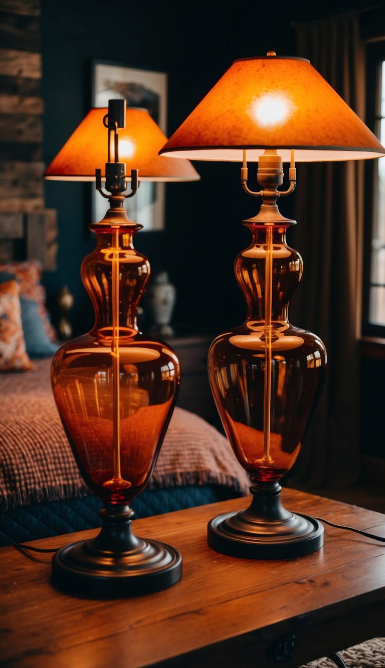 Two amber glass table lamps illuminate a dark western bedroom with rustic decor