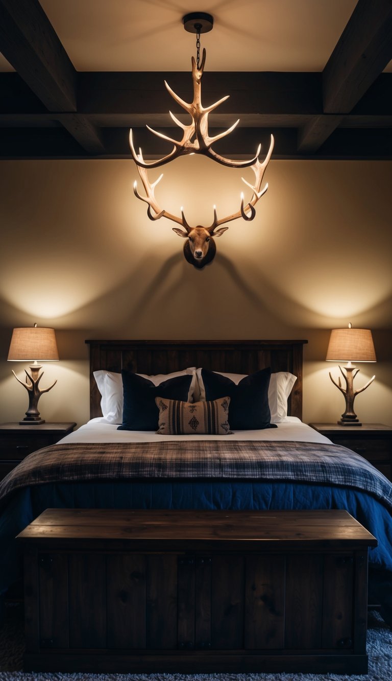 A dimly lit bedroom with antler light fixtures casting shadows on rustic furniture and dark, western-themed decor