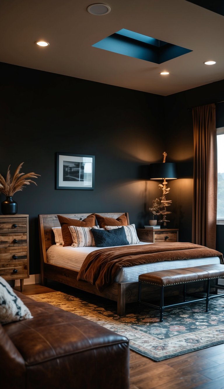 A dimly lit bedroom with rich brown and black decor, featuring rustic wooden furniture and leather accents