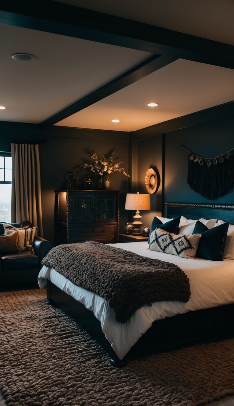 A cozy, dimly lit bedroom with heavy woven rugs, adorned with dark western-themed decor and furniture