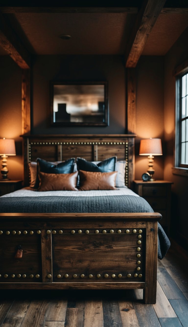 A rustic wooden bed with brass studded details sits in a dimly lit western bedroom. Rich, dark colors and leather accents create a cozy, masculine atmosphere