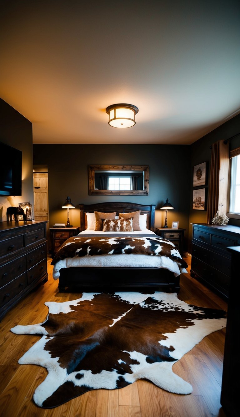 A cozy, dimly lit bedroom with a large cowhide rug as the focal point. Dark wood furniture and western-inspired decor complete the rustic atmosphere