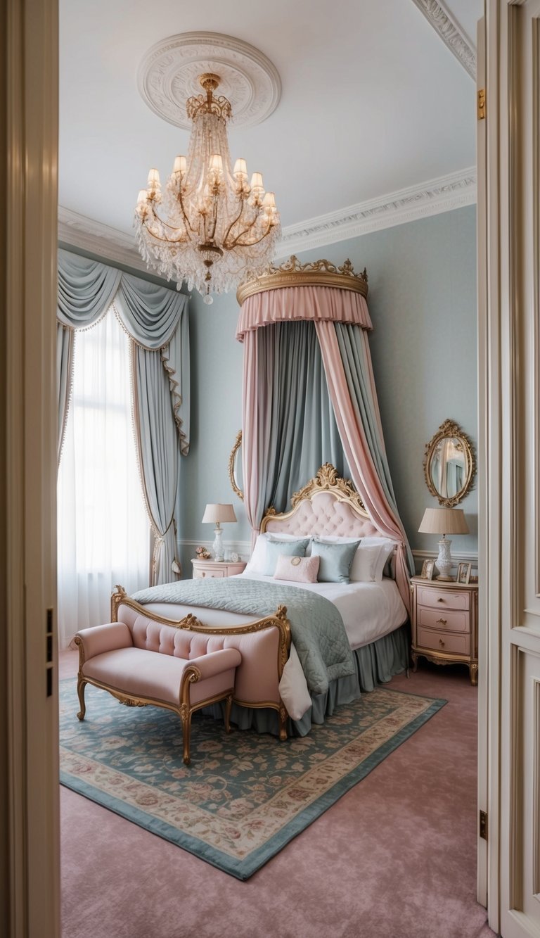 A grand princess bedroom with a canopy bed, flowing curtains, elegant furniture, and soft pastel colors