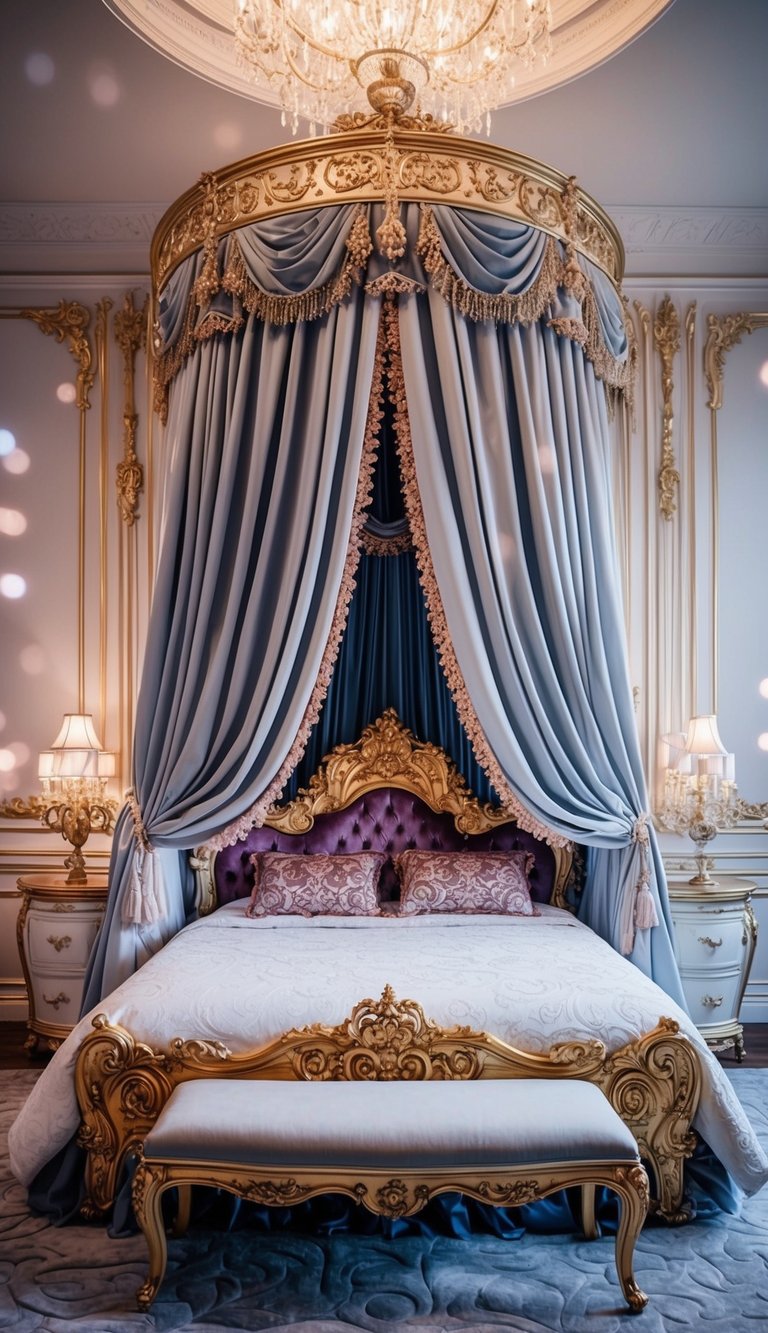 A luxurious canopy bed with flowing drapes, ornate details, and regal colors, surrounded by elegant princess-themed decor