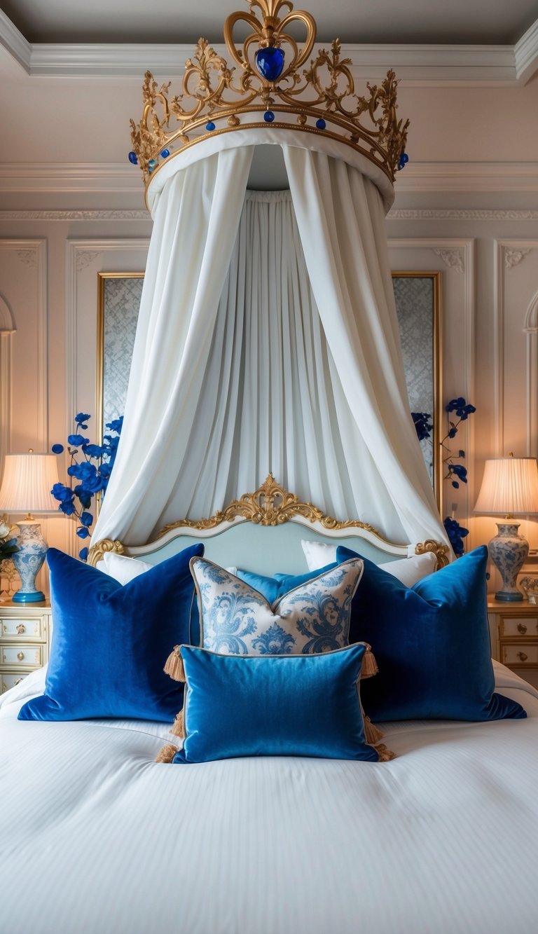 A luxurious princess bedroom with sapphire blue accent pillows on a grand canopy bed surrounded by elegant decor and soft lighting