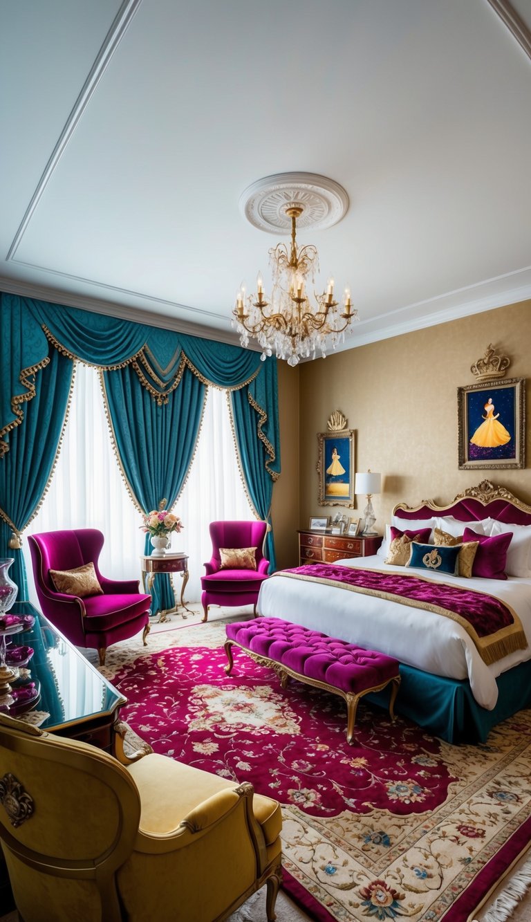 A luxurious bedroom with jewel-toned throw rugs, elegant furniture, and princess-themed decor