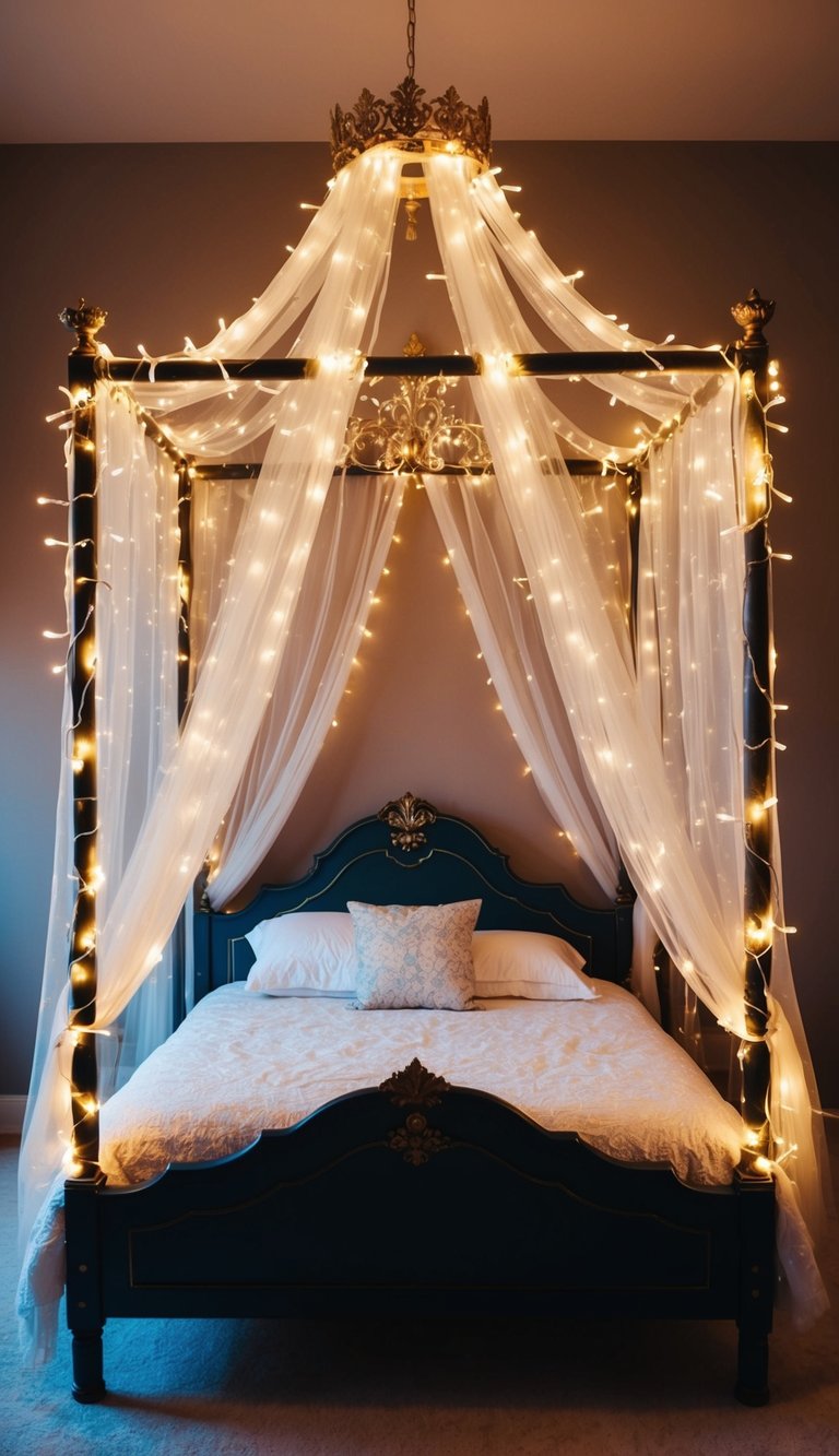 A canopy bed adorned with twinkle lights, creating a magical atmosphere fit for a princess