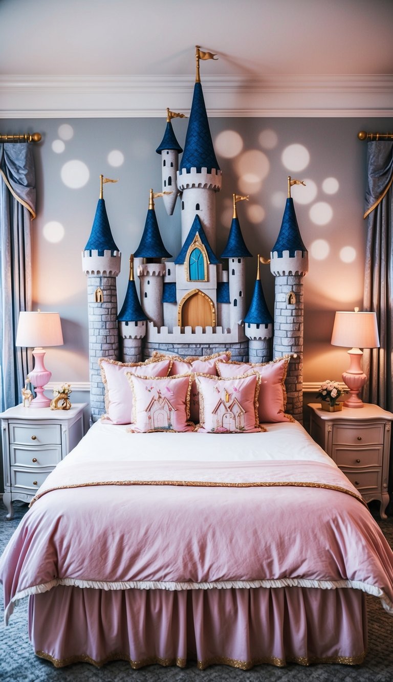 A grand castle bed with turrets and fairy-tale details in a princess-themed bedroom