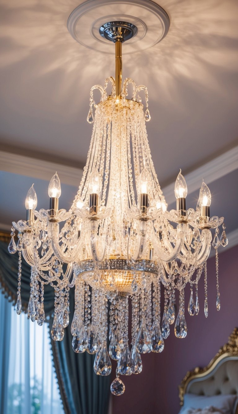 A sparkling chandelier with crystal drops hangs above a luxurious princess bedroom