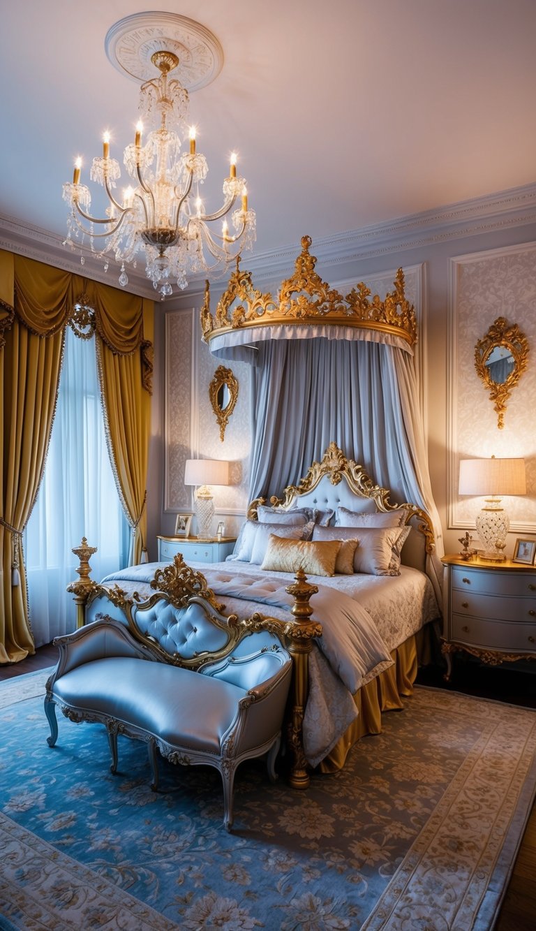 A luxurious princess bedroom with gold and silver accents, featuring ornate furniture, a canopy bed, and sparkling chandeliers