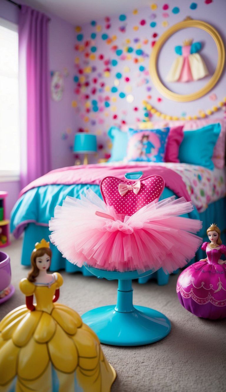 A whimsical tutu chair surrounded by princess-themed decor in a colorful bedroom