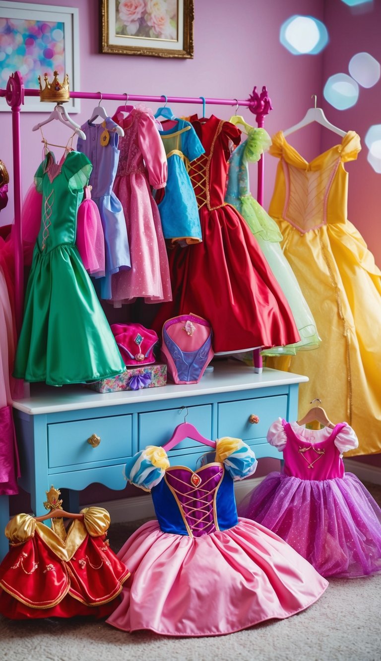 A colorful dress-up station filled with princess costumes in a whimsical bedroom setting