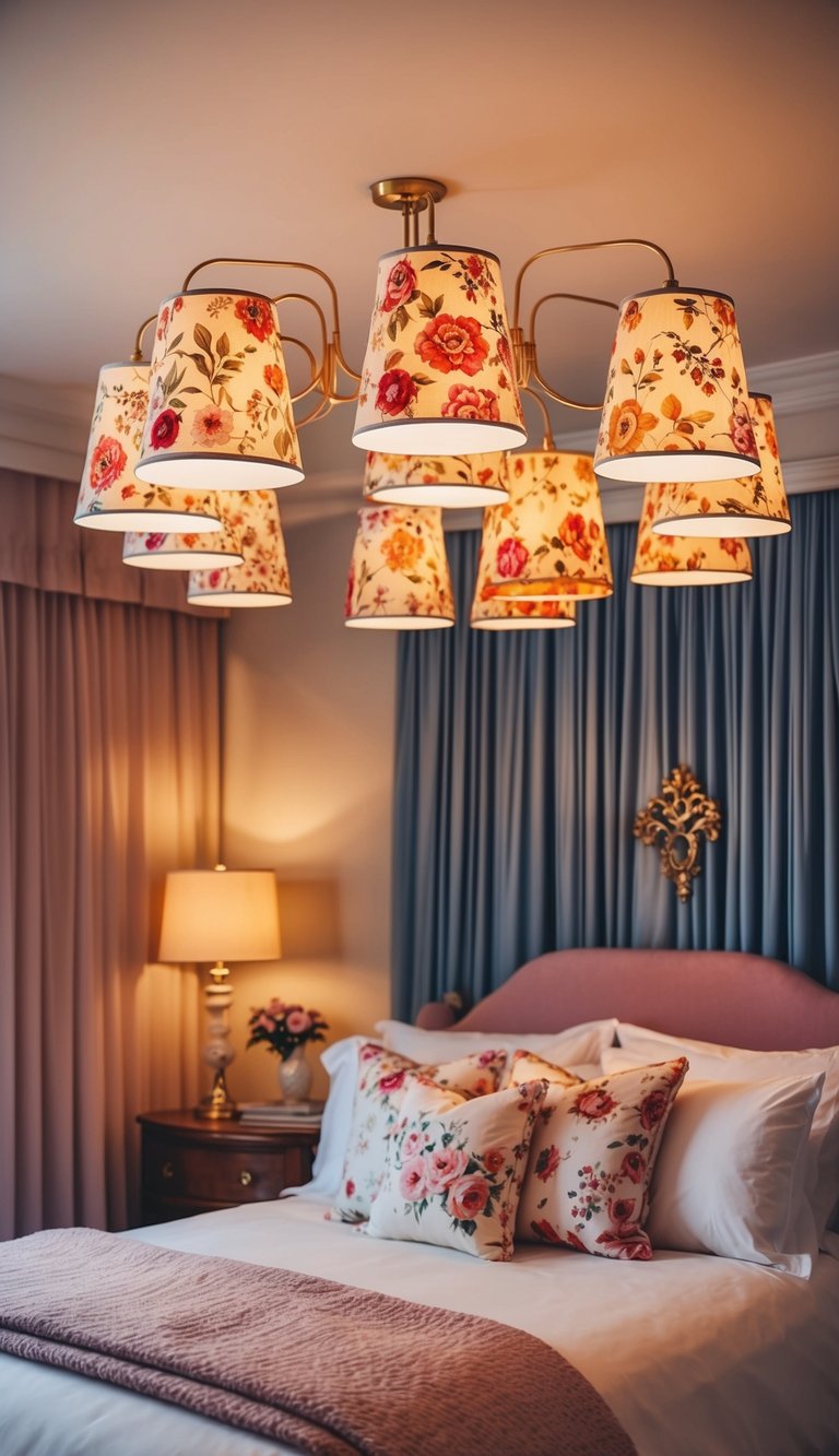 A cozy princess bedroom with 23 floral-designed lampshades casting a warm, soft glow