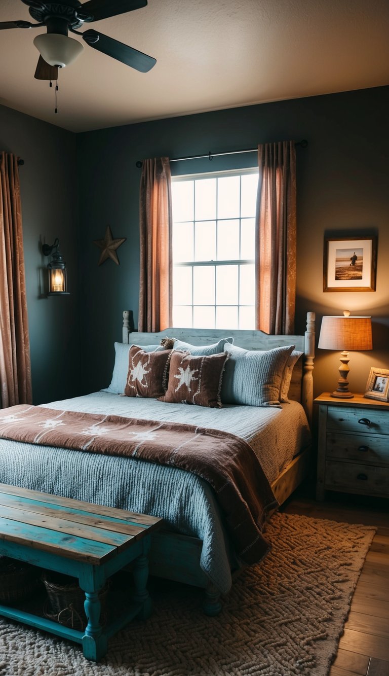 A dimly lit bedroom with deep, earthy accent walls adorned with rustic cowboy-inspired decor and rugged, weathered furniture