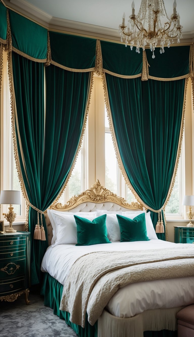 Emerald green velvety curtains adorn a luxurious princess bedroom