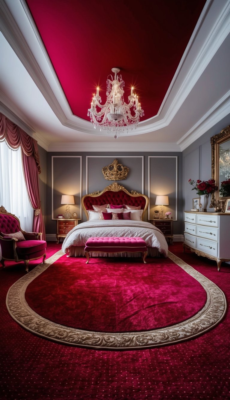 A plush, ruby red carpet covers the floor of a luxurious princess bedroom, surrounded by 23 design ideas