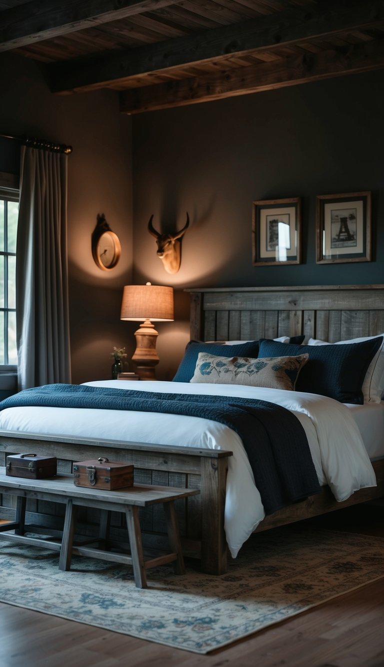 A dimly lit bedroom with weathered wood furniture and accents, creating a dark and rustic western atmosphere

